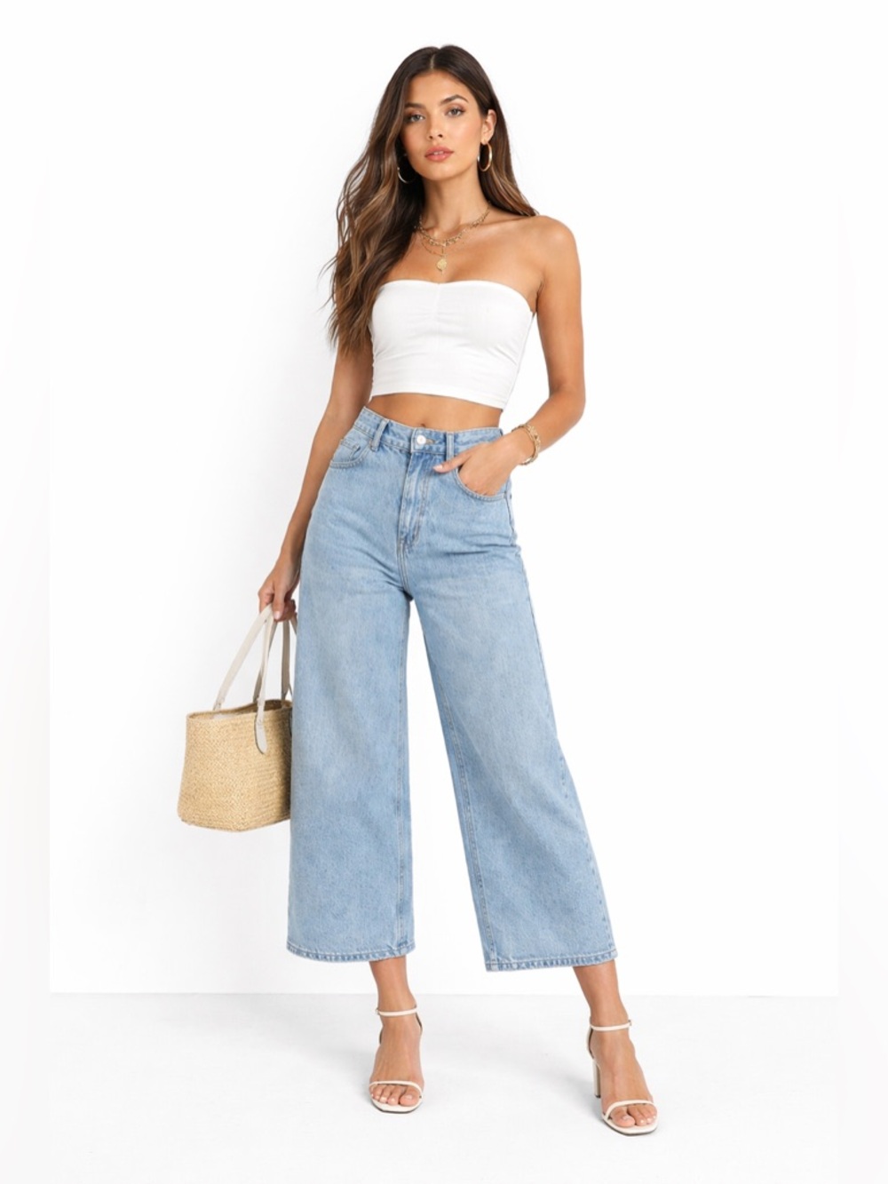 LIONESS Wide Leg Cropped Jeans Baggy Denim | Light Wash Model Off Duty XXL 14 16